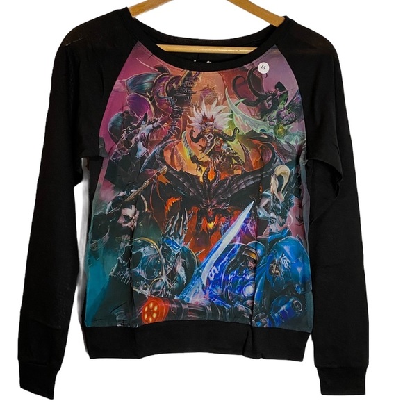 Heroes of the Storm Printed Chiffon Boatneck Raglan Black Knit Sweater Medium - Picture 1 of 13